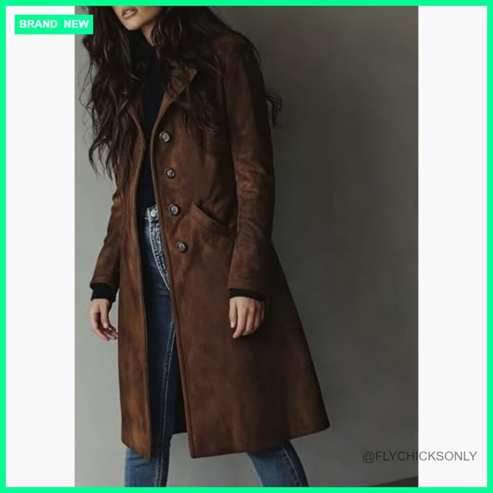 Faux Suede Trench Coat Women's Long Single Breasted Leather Overcoat - Picture 3 of 7